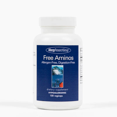 A Supplement container with the name Free Aminos by Allergy Research Group.