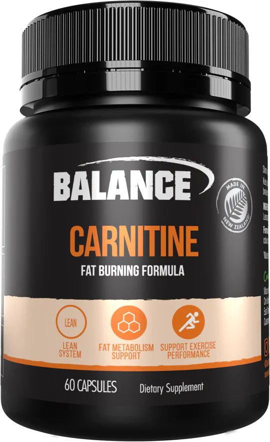 A Supplement container with the name Carnitine by Balance. ingredients:  Each capsule provides  Levocarnitine tartrate  500mg, Equiv. Levocarnitine  341mg, Encapsulating aids, Formulated without: Gluten, wheat, dairy products, egg, soy, corn, artificial colours, artificial flavours, artificial sweeteners, preservatives.  Contains animal products (capsule).