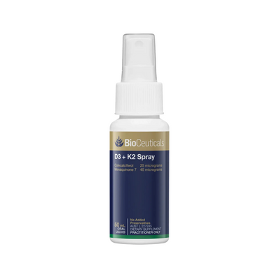 50ml white spray bottle with a blue and gold band label with Bioceuticals Logo. Colecalciferol 25 micrograms, vitamin d3 1000IU. Menaquinone 7 vitamin k2 45micrograms