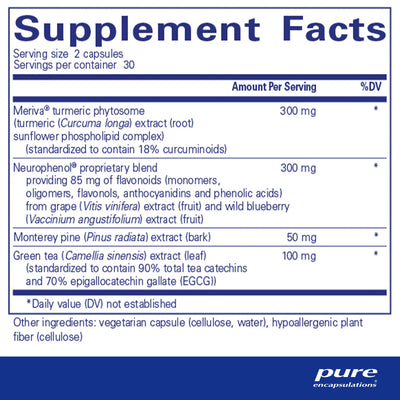 Ingredients including, Meriva turmeric phytosome, Curcuma longa, Sunflower phospholipid, curcuminoids, Neurophenol, Flavonoids, monomers, oligomers, flavonols, anthocyanidins, phenolic acid, vitis vinifera, wild blueberry, Vaccinium angustifolium, Monterey pine, Pinus radiata, Green tea, Camellia sinensis, EgCG