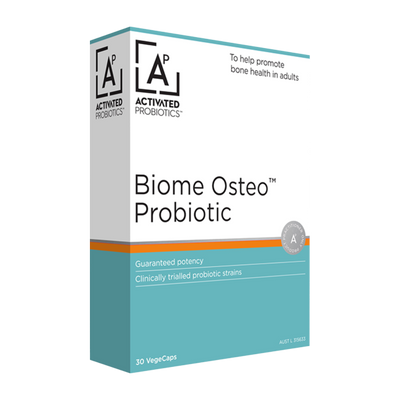 A box of Activated Probiotics probiotics called Biome Osteo. White and light blue box.