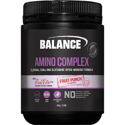 A Supplement container with the name Amino Complex by Balance.