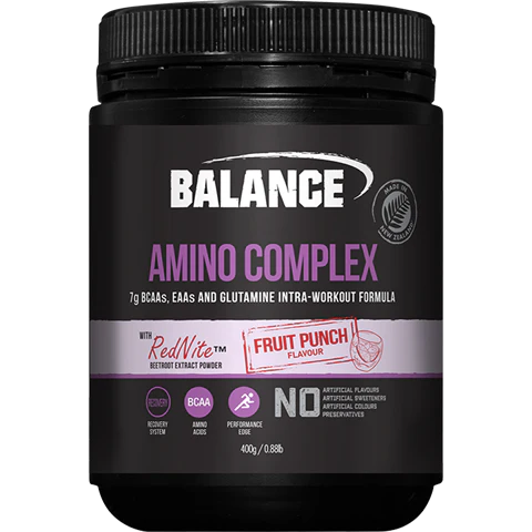 A Supplement container with the name Amino Complex by Balance.