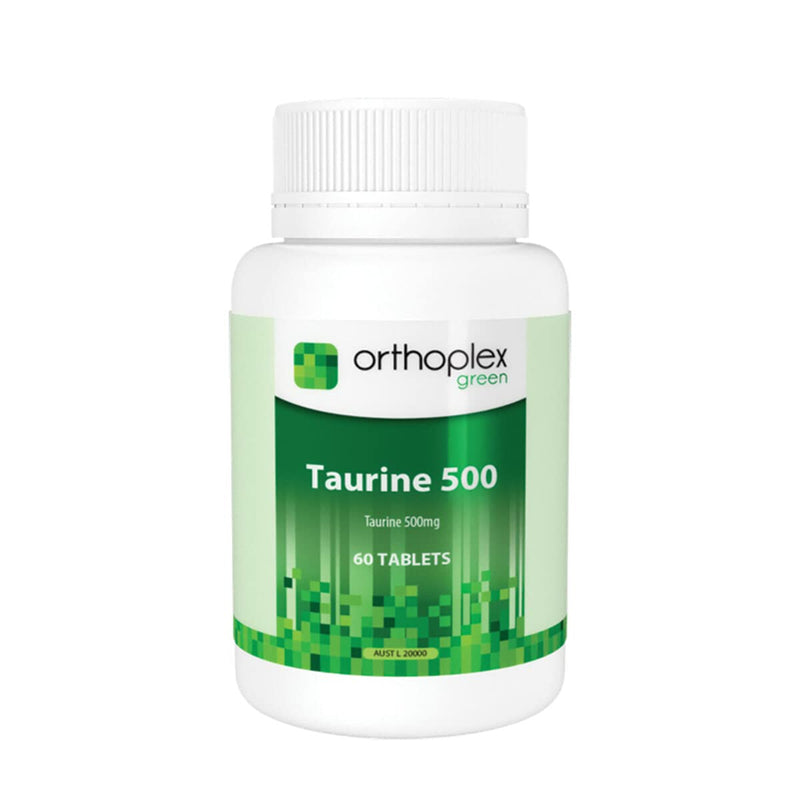 A Supplement container with the name Taurine 500 by Orthoplex Green.