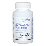 A Supplement container with the name Hair, Skin and Nails plus formula by Doctor Wilson.