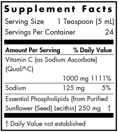 Text describing the ingredients: Vitamin C (as Sodium Ascorbate) (Quali C) Sodium, Essential Phospholipids (from purified Sunflower (seed) Lecithin).