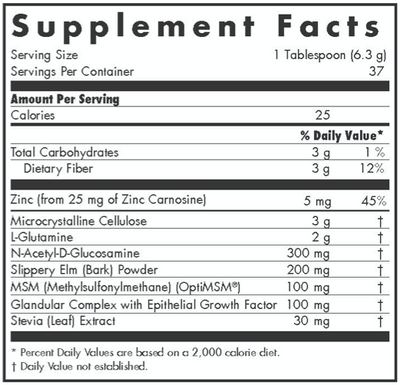 Text describing the ingredients including Zinc canosine, L-Gutamine, N-Acetyl-D-Glucosamine, Slippery Elm powder, MSM, Glandular Complex, Stevia