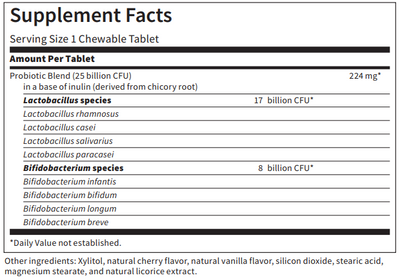 lactobacillus rhamnosis, caseri, salivarius, paeacasei and Bifidobacterium infantis, bifidum, longum, breve, 25 billion CFU