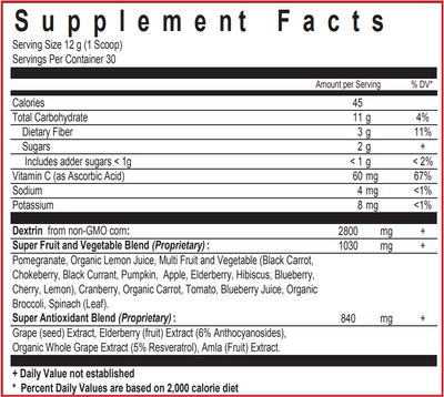 Text listing the ingredients including Vitamin C, Potassium, Sodium, Dextrin, Pomegranate, Lemon juice, Black carrot, Chokeberry, Black Current, Pumpkin, Apple, Elderberry, Hibiscus, Blueberry, Cherry, lemon, Cranberry, Carrot, Tomato, Blueberry, Broccoli, Spinach. Grape seed, Elderberry, Anthocyanosides, Resveratrol, Amla