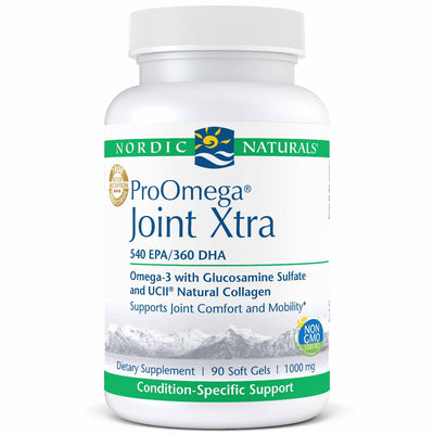 A Supplement container with the name ProOmega Joint Xtra by Nordic Naturals.