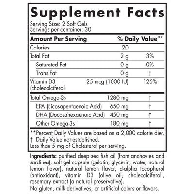 Text listing the ingredients including Vitamin D, EPA, DHA, Eicosapentaenoic acid, Docosahexaenoic acid, Omega 3.