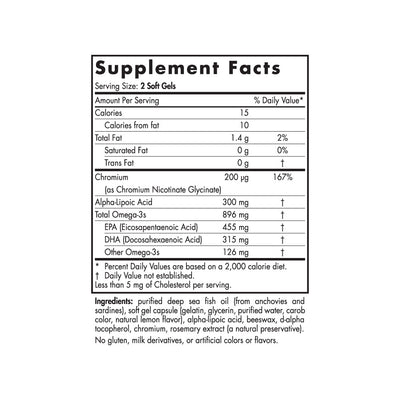 Text listing the ingredients including Chromium, Chromium Nicotinate Glycinate, Ala, Alpha lopic acid, omega 3, EPA, DHA, Eicosapentaenoic acid, Docosahexaenoic acid