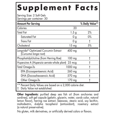 Text describing the ingredients: Longvida Optimized Curcumin Extract, Phosphatidylcholine, Huperzine A, Omega-3s, EPA, DHA.