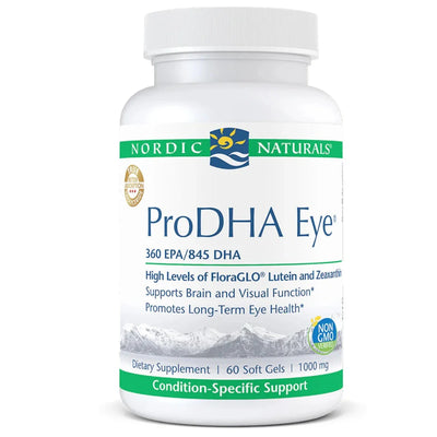 A Supplement container with the name ProDHA Eye by Nordic Naturals.