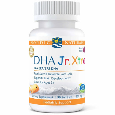 A Supplement container with the name DHA JR. Xtra by Nordic Naturals.