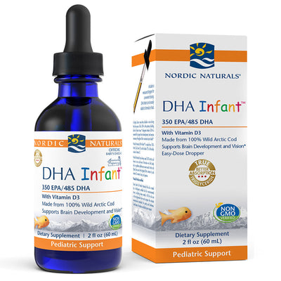 A Supplement container with the name DHA Infant by Nordic  Naturals: