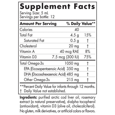 Text describing the ingredients: Vitamin A, D3, Total Omega-3s, EPA (Eicosapentaenoic Acid), DHA (Docosahexaenoic Acid) , Vitamin A, D3.