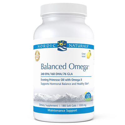 A Supplement container with the name Balanced Omega by Nordic Naturals.