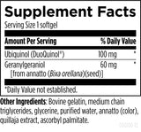 Text describing the ingredients: Ubiduinol (DuoQuinol), Geranylgeraniol (from annatto (bixa orellana) (seed)]