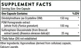 Ingredients including Diindolylmethane, Crystalline DIM, POM, Pomegranate extract, Punica granatum, Sulforaphane Glucosinolate, Broccoli Extract seed, Brassica oleracea italica.