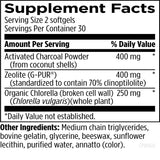 Text describing the ingredients: Activated Charcoal Powder, Zeolite (G-Pur), Organic Chlorella.