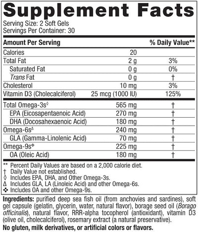 Text describing the ingredients: Vitamin D3, Total Omega-3s EPA , DHA, Omega-6s GLA, Omega-9s QA.