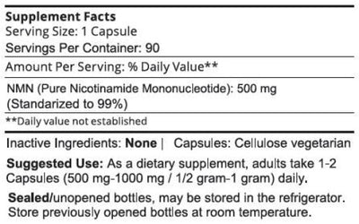 Text describing the Ingredients NMN (pure Nicotinamide Mononucleotide): 500mg.