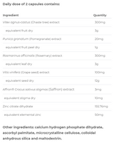 An image of ingredients including Vitex agnus-castus, chaste tree, Punica granatum, pomegranate, Rasmarinus officinalis, rosemary, Vitis vinifera, Grape seed, Affron crocus sativus stigmas, saffron, Zinc citrate.