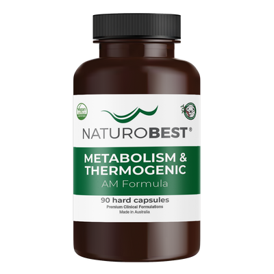 A bottle of a supplement called Metabolism & Thermagenic. White and green label.