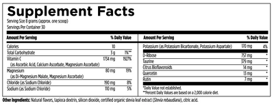 Text describing ingredients: Vitamin C, Magnesium, Potassium, D-Ribose, Taurine, Citrus Bioflavonoids, Quercetin, Rutin.