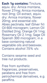 Text listing the ingredients including Arnica montana, ABIES PECTINATA, Lemon oil, Orange oil, Rosemary oil, Sage oil, 