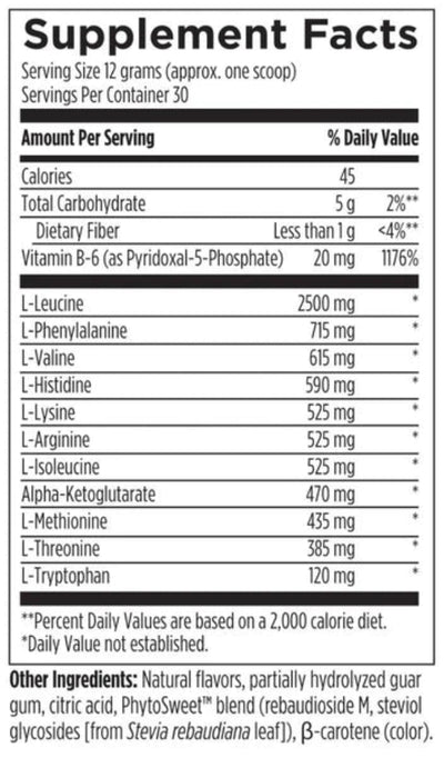 Text describing the ingredients: L-Leucine, L-Phenylalanine, L-Valine, L-Histidine, L-Lysine, L-Arginine, L-lsoleucine, Alpha-Ketoglutarate, L-Methionine, L-Threonine, L-Trytophan.