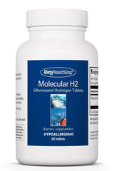 A supplement bottle with the label Molecular H2 Effervescent Hydrogen Tablets