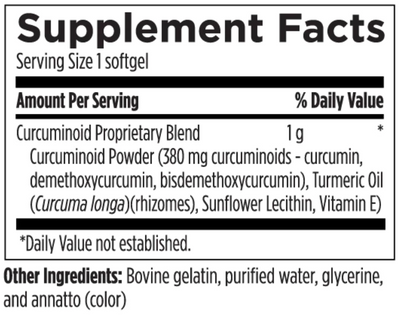 Text describing the ingredients: Curuminoid Proprietary Blend: Curcuminoid powder (380 mg curcuminoids - curcumin, demethoxycurcumin, bisdemethoxycurcumin), Turmeric Oil (Curcuma longa) (rhizomes), Sunflower Lecithin, Vitamin E)