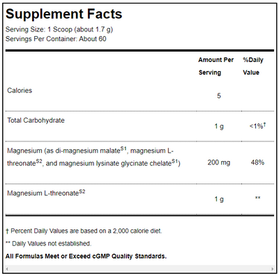 Text listing the ingredients including Magnesium, di-magnesium malate, malate, L-threonate, Lysinate, Glycinate.