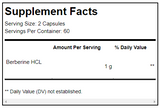 Text describing the ingredients: Berberine HCL 1g.