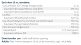 Text listing the ingredients including Omega 3, EPA, DHA, Lecithin, Phosphatidyl choline, Soy Phospatidylserine, Palm Tocotrienols, Colecalciferol, d3