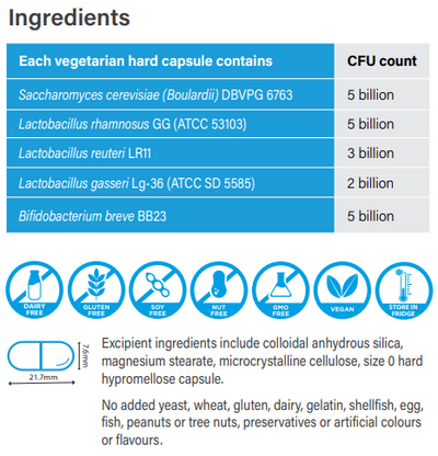 Text listing ingredients including Saccharomyces cerevisiae, Boulardii, DBVPG 6763, Lactobacillus rhamnosus GG, ATCC 53103, Lactobacillus reuteri LR11, Lactobacillus gasseri Lg-36 (ATCC SD 5585), Bifidobacterium breve BB23