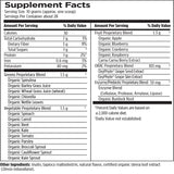 Text describing the ingredients: Organic Spirulina, Barley Grass Juice, Wheat Grass Juice, Chlorella, Nettle Leaves, Spinach, Carrot, Beet, Kale, Tomato Parsley, Broccoli Sprout, Cauliflower Sprout, Kate Sprout, Apple, Blueberry, Cranberry, Raspberry, Camu Camu Berry Extract, Oxyphyte Grape Seed Extract, Grape Skin Extract, Enzyme Blend, Organic Burdock Root.