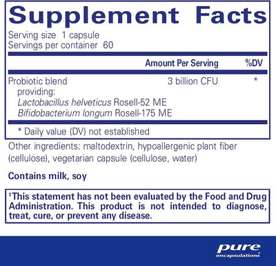 Text describing the ingredients: Probiotic blendproviding: Lactobacillus helveticus Rosell-52 ME, Bifidobacterium longum Rosell-175 ME.