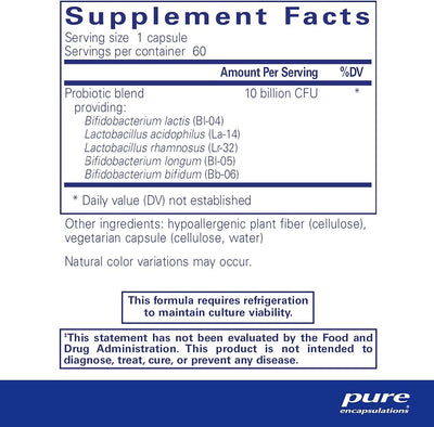 Text describing the ingredients; Probiotic Blend: Bifidobacterium Lactis (BI-04), Lactobacillus acidophilus (La-14), Lactobacillus rhamnosus (Lr-32), Bifidobacterium longum (BI-05), Bifidobacterium Bifidum (Bb-06).