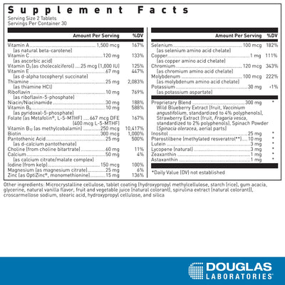 Text describing the ingredients: Vitamin A, C, D-3, E, B-6,B-12, Thiamine, Riboflavin, Niacin/Niacinamide, Folate, Biotin, pantothenic Acid, Calcium, Magnesium, Iodine, Zinc, Selenium, Copper, Chromium, Molybdenum, Potassium, Choline, Inositol, Lutein, Lycopene, Zeaxanthin, Astaxanthin, Pterostilbene. 