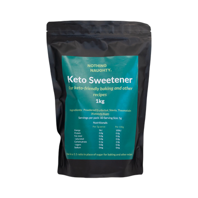 A Supplement pouch with the name Keto Sweetener 1kg by Nothing Naughty.