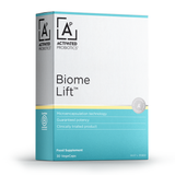 A box of Activated Probiotics probiotics call Biome Lift. Green and white box.