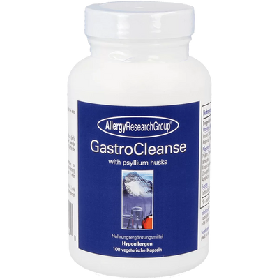 A Supplement container with the name GastroCleanse with psyllium husks by Allergy Research Group.