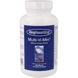 A Supplement container with the name Multi-Vi-Min without copper & iron by Allergy Research Group.