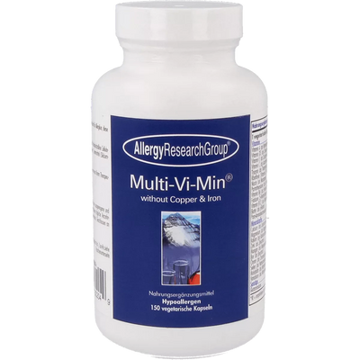 A Supplement container with the name Multi-Vi-Min without copper & iron by Allergy Research Group.