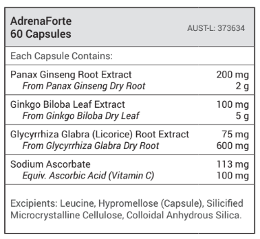 Text describing the ingredients: Panax Ginseng Root Extract, Ginkgo Biloba Leaf Extract, Glycyrrhiza Glabra (Licorice) Root Extract, Sodium Asorbrate.