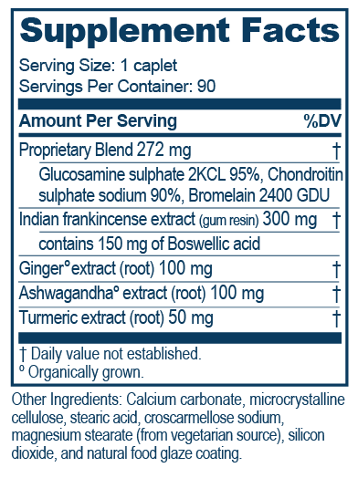 Text listing the ingredients including Glucosomine sulphate, Chondroitin Sulphate sodium, Bromelain, Indian Frankincense extract, Boswellic Acid, Ginger extract, Ashwagandha, Turmeric