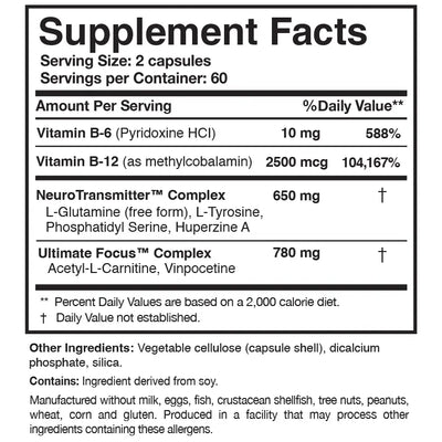 Text listing the ingredients including VItamin b6, Pyridoxine HCI, Vitamin b12, Methylcobalamin, L glutamine, L Tyrosine, Phosphatidyl serine, Huperzine A, Acetyl L carnitine, Vinpocetine.